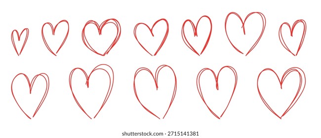 Scrawl Scribble Doodle Heart. Sketch hand drawn red marker heart. Doodle hearts. Valentine's Day set. Line art Scribble vector illustration isolated on white background.