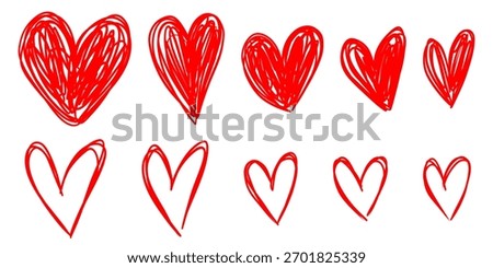 Scrawl Scribble Doodle Heart. Sketch red marker heart. Doodle hand drawn hearts. Valentine's Day set. Line art Scribble vector illustration isolated on white background.. 