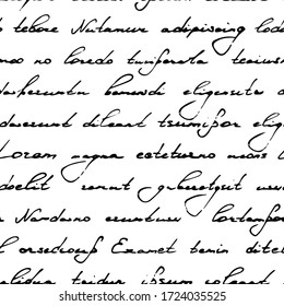 Scrawl. Written handwriting. Seamless pattern. Scribble decor. Handwriting background. Unreadable text. Abstract scribbles letter for design prints. Lorem ipsum. Black white script. Shabby manuscript