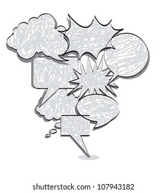 Scrawled black and white text balloons piled on white background. vector illustration
