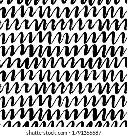 Scrawls hand drawn seamless vector pattern. Wavy, curly lines grunge drawing. Black paint dry brushstroke abstract background, backdrop. Trendy monochrome texture. Ink brush doodle curves.