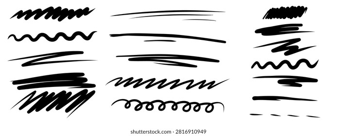 Scrawls, Scribbles, Squiggles and underline strikethroughs Collection. Doodle Marker line set. Vector set of abstract abstract pencil scratch mark