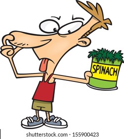 Scrawny cartoon man holding his nose at a can of spinach