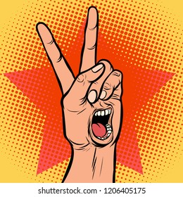 scream delight mouth emotion hand victory gesture. Comic cartoon pop art retro vector illustration drawing