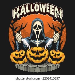 Scream Ghost Killer. Halloween Pumpkin Background. Halloween T shirt Design.