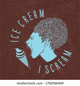I Scream Ice Cream Inverted Logo Lettering with Shouting Woman Face Profile Hot Summer Cure Creative Concept - Beige Elements on Purple Rough Paper Background - Vector Hand Drawn Design