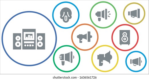 scream icon set. 9 filled scream icons. Included Loudspeaker, Scream, Megaphone icons