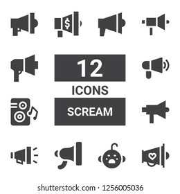 scream icon set. Collection of 12 filled scream icons included Megaphone, Cry, Loudspeaker