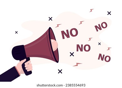 Scream loud on megaphone with words NO. Disclaimer and restrictions, refuse to do wrong things. Learn to say no, leadership skill to manage workload. Time management concept. flat vector illustration