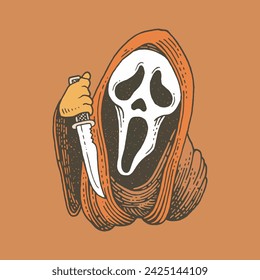 Scream mask, halloween illustration. line art illustration with colors, vector