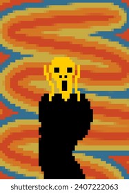 El Hombre de 8 bits está asustado y gritando. horror de arte pixelado,