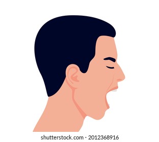 Scream And Rage Angry Man With Open Mouth In Stress, Head Profile. Male In Stress, Aggression And Irritation, Rude And Mad. Angry Man In Conflict. Vector Flat Illustration