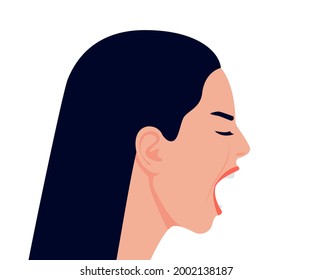 Scream and rage angry woman with open mouth in stress, head profile. Girl in stress, aggression and irritation, rude and mad. Angry woman in conflict. Vector flat illustration