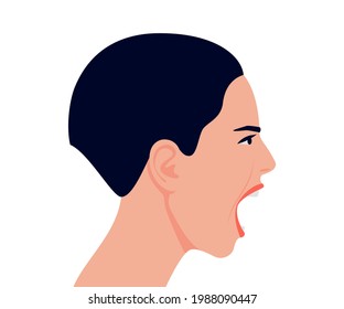 Scream and rage woman with open mouth, head profile. Girl in stress, aggression and irritation, rude and mad. Angry woman in conflict. Vector flat illustration