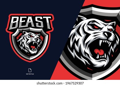 scream white tiger with shield mascot esport game logo illustration