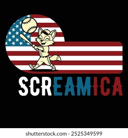 Screamica Baseball Fox American Flag Camiseta divertida