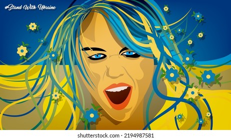 Screaming, among the flowers, a girl with curly hair on the background of the flag of Ukraine. Poster on the theme of Ukraine's resistance to Russian aggression. Vector.