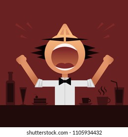 Screaming angry barman / barista. Vector cartoon character.