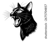 A screaming angry black cat head. Vector illustration for engraving design