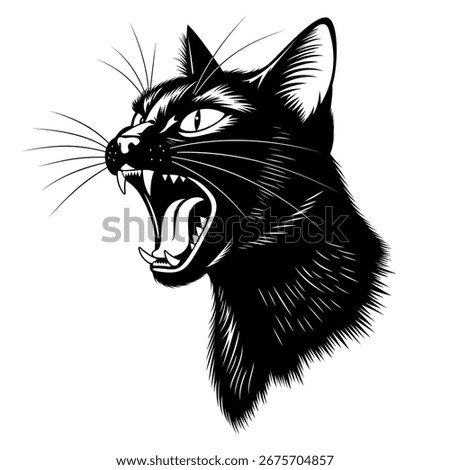 A screaming angry black cat head. Vector illustration for engraving design