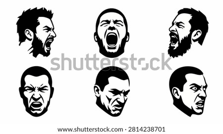 Screaming and angry men face illustrations showing aggressive emotions, rage, and tension on a white background for anger management concepts.
