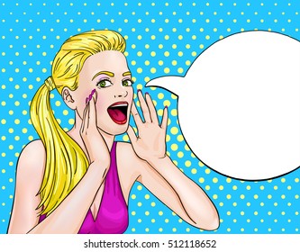 Screaming blonde woman pop art design with blank speech bubble on background with dot pattern vector illustration