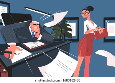 Screaming boss and secretary vector illustration. Angry man reprimands subordinate flat style design. Grumpy chief yelling at woman. Working moments scene