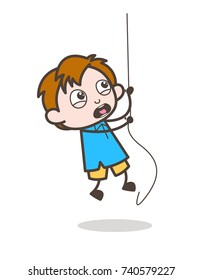Screaming Boy climbing up on Rope - Cute Cartoon Kid Vector

