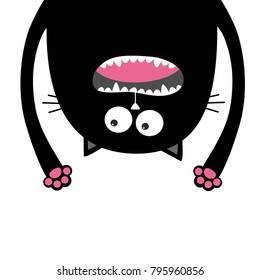 Screaming cat Head silhouette hanging upside down. Two eyes, teeth, tongue, hands. Black Funny Cute cartoon character Baby collection. Happy Halloween. Flat design White background Vector illustration