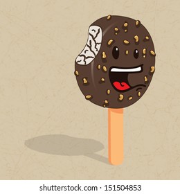 Screaming chocolate ice cream with nuts on a stick, vector illustration 