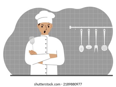 Screaming cook man holds a kitchen spatula in his hand. Vector flat illustration