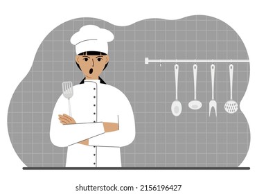 Screaming cook woman holds a kitchen spatula in his hand. Vector flat illustration