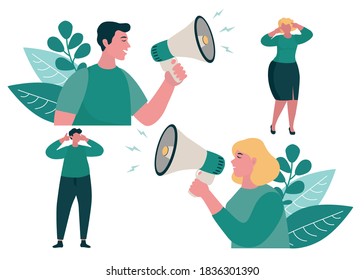 Screaming Couple  with megaphone .Quarrel. Argue. Conflict. Vector illustration man and woman isolated on white background