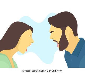 Screaming couple. Unhappy couple. Relationship problems. Divorce concept. Man screams at woman. Flat vector character illustration.