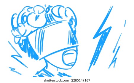 Screaming curly boy in vr glasses on a white background. Sketch of a delightful teenager in blue marker drawing style. Stock vector illustration.