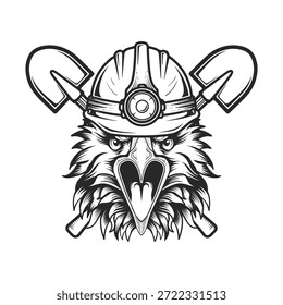 Cabeza de águila gritando con casco de minero y palas cruzadas, concepto de minería, expresión feroz, ilustración vintage