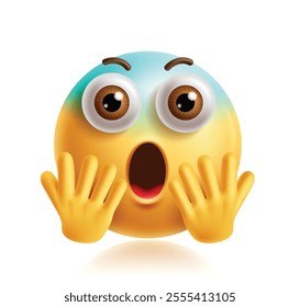 Screaming emoji clipart 3d character. Emoji face in fear, panic, shocking, wow, wonder, astonished and excited facial expression with big eyes and hand gesture. Vector illustration scream emoticon 