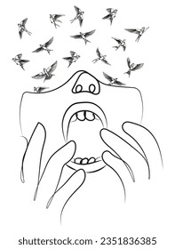 Screaming Face with Birds Coming out of its Head in Minimal One Line Art Drawing