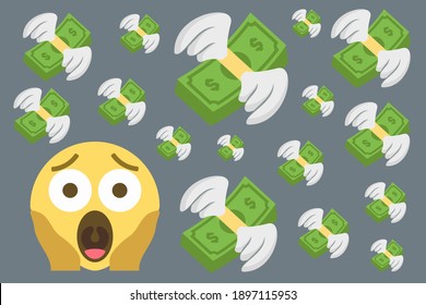 Screaming Face Emoji And Money With Wings On Gray Background,concept Vector Illustration