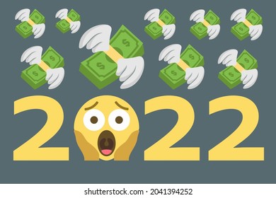 Screaming Face Emoji And Money With Wings,concept Year 2022,vector Illustration