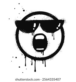 Screaming face emoticon character with sunglasses. Spray painted graffiti screaming face in black over white. isolated on white background. vector illustration