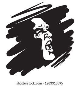 Screaming face shout in black and white vector graphics. Emotional scream of a man with open shouting mouth - expression drawing in graffiti style.