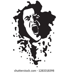 Screaming Face Shout In Black And White Vector Graphics. Emotional Scream Of A Man With Open Shouting Mouth - Expression Drawing In Graffiti Style.