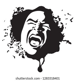 Screaming face shout in black and white vector graphics. Emotional scream of a man with open shouting mouth - expression drawing in graffiti style.