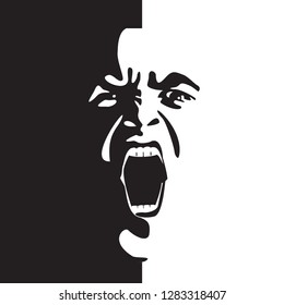 Screaming face shout in black and white vector graphics. Emotional scream of a man with open shouting mouth - expression drawing in graffiti style.