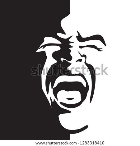 Screaming face shout in black and white vector graphics. Emotional scream of a man with open shouting mouth - expression drawing in graffiti style.