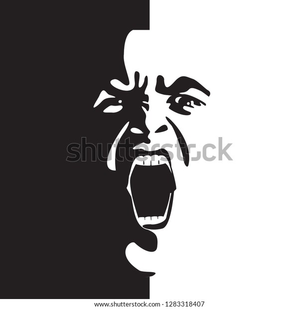Screaming face shout in black and white vector\
graphics. Emotional scream of a man with open shouting mouth -\
expression drawing in graffiti\
style.