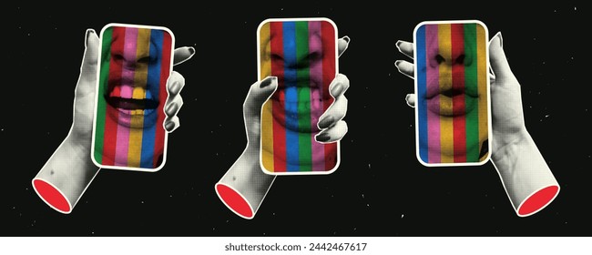 Cara de grito en un smartphone con efecto de semitono. Elementos vectoriales para banners, carteles, redes sociales en estilo collage retro.