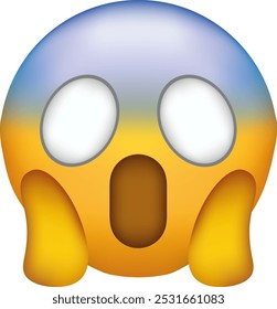 Gritar com emojis de medo. Emoticon de terror e medo. Rosto amarelo com testa azul, grandes olhos assustados e boca longa e aberta.