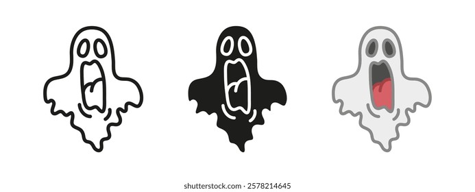 Screaming ghost icon. Horror spirit vector illustration. Creepy spook symbol. Fear sign. Phantom apparition pictogram. Cartoon halloween character isolated concept. BOO ghostly silhouette.